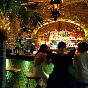 Exotic bar venue with vines and cocktails